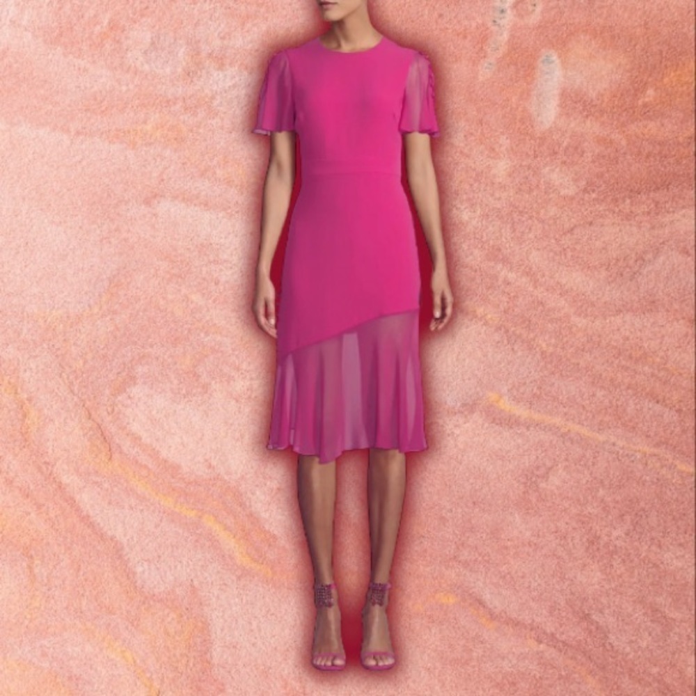 Prabal Gurung 100% Silk Pink ‘Victoria’ Fluttered Sheer-Sleeve Midi Dress Size 4